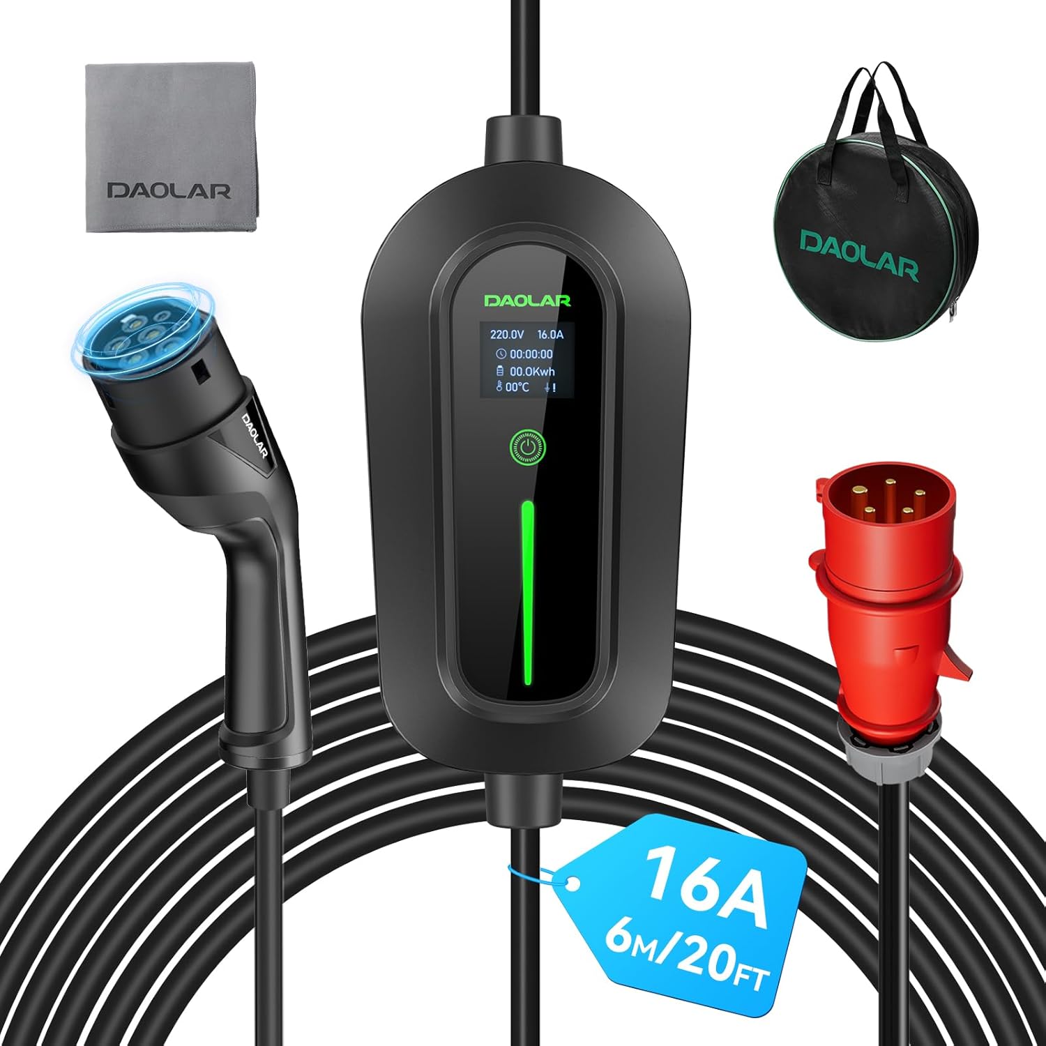 DAOLAR Portable Type 2 EV Charger: Adjustable 6-16A Three-Phase Smart Charging